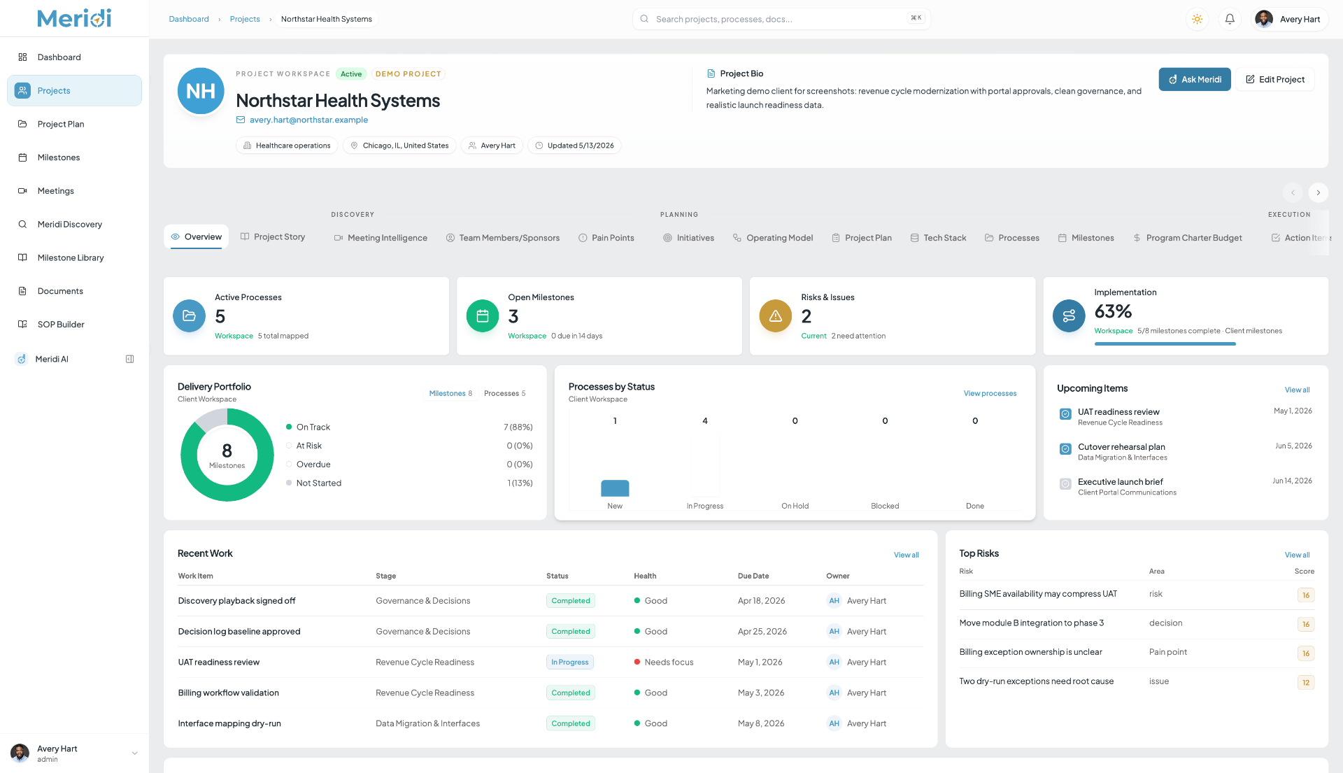 Meridi project workspace showing delivery portfolio, milestones, risks, and recent work for a sample client engagement.